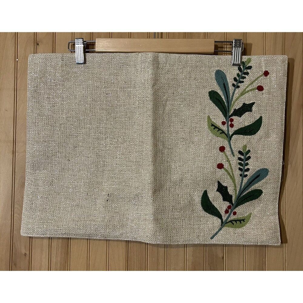 Modern Sprigs Set of 2 Embroidered Christmas Jute Placemats Holly Berries